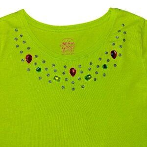 Faded Glory Neon Green Girls Long Sleeve Gemstone Top Size L/G (10-12) Cotton/Sp